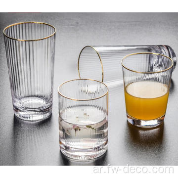 كأس زجاجي مضلع مجموعة مع حافة ذهبية